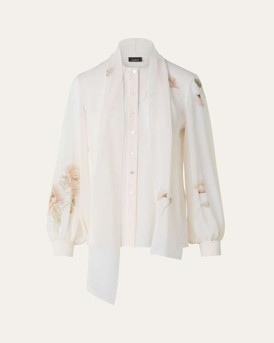 Floral-Print Georgette Scarf Blouse